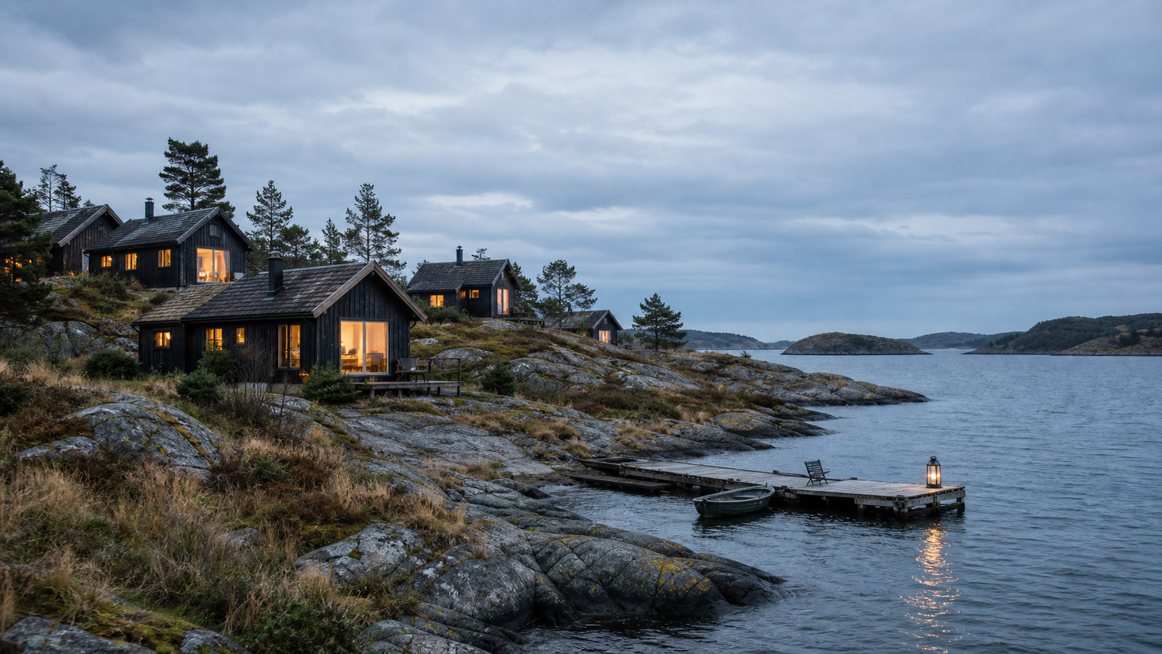 Nordic island cabins and shoreline at Oester Solholm