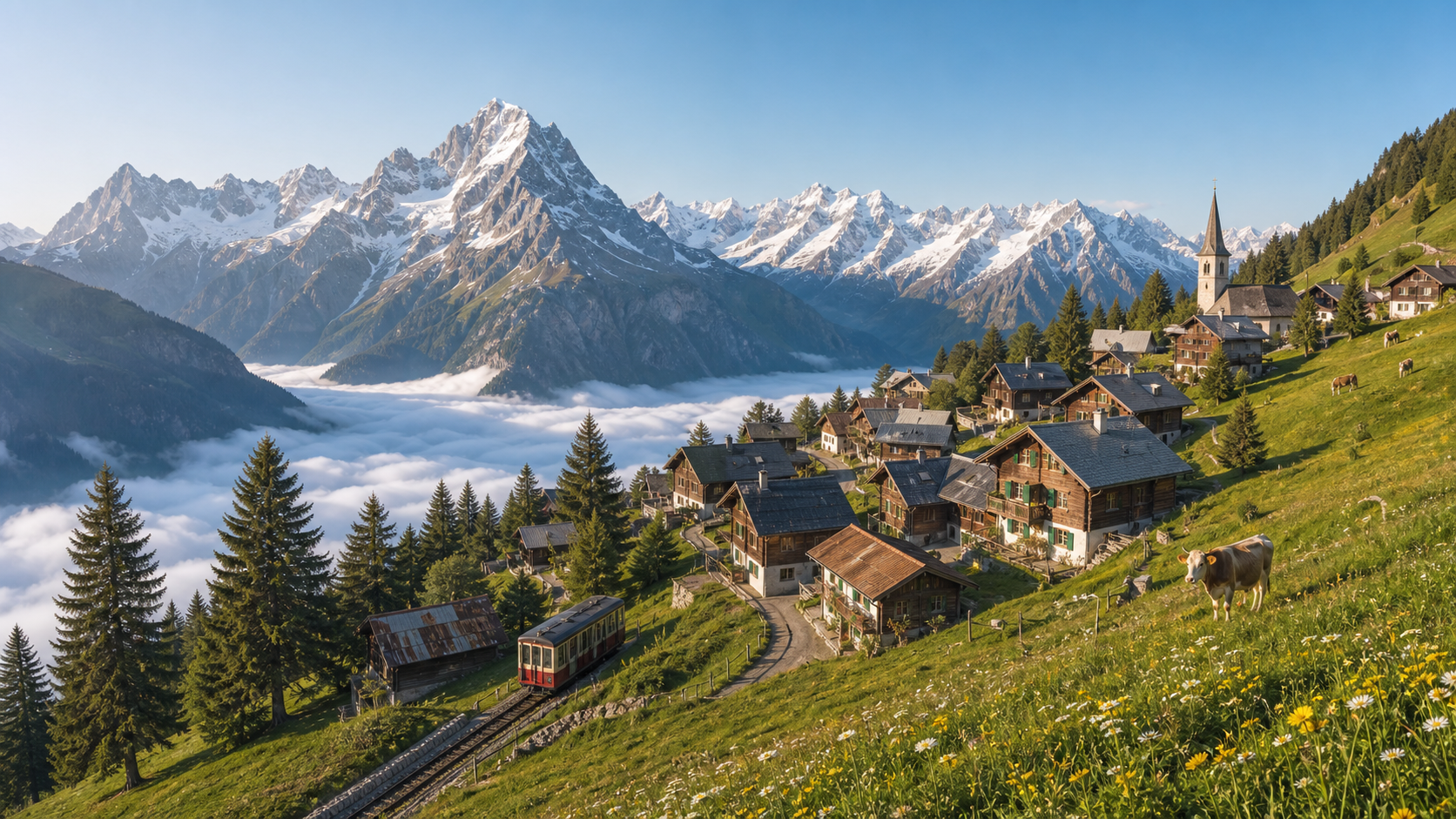 Alpine village and mountain meadow at Sankt Almenwald