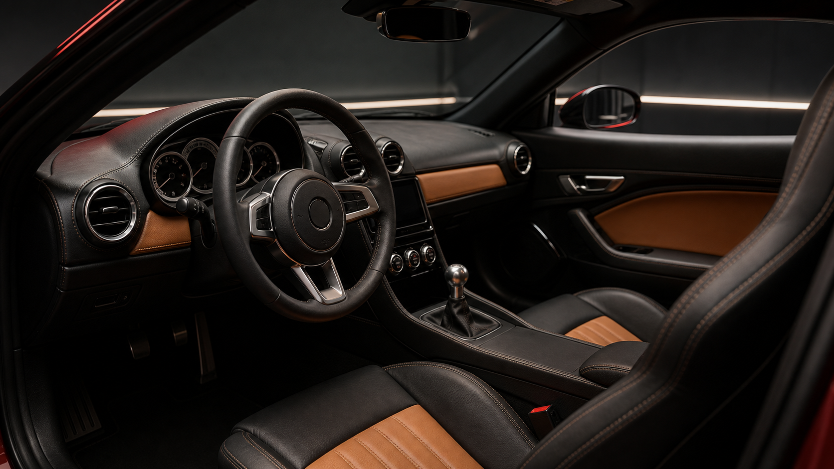 Vellor Piccola compact sports car cockpit with tan and black trim