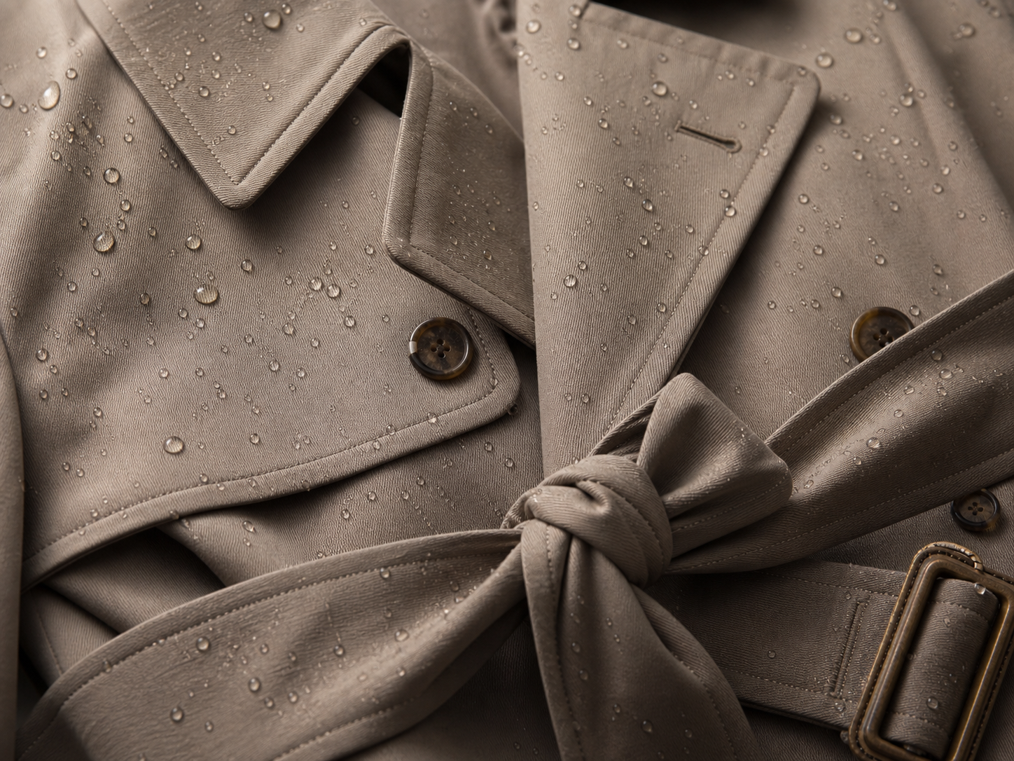 Close detail of taupe trench coat collar, belt and water-beaded fabric