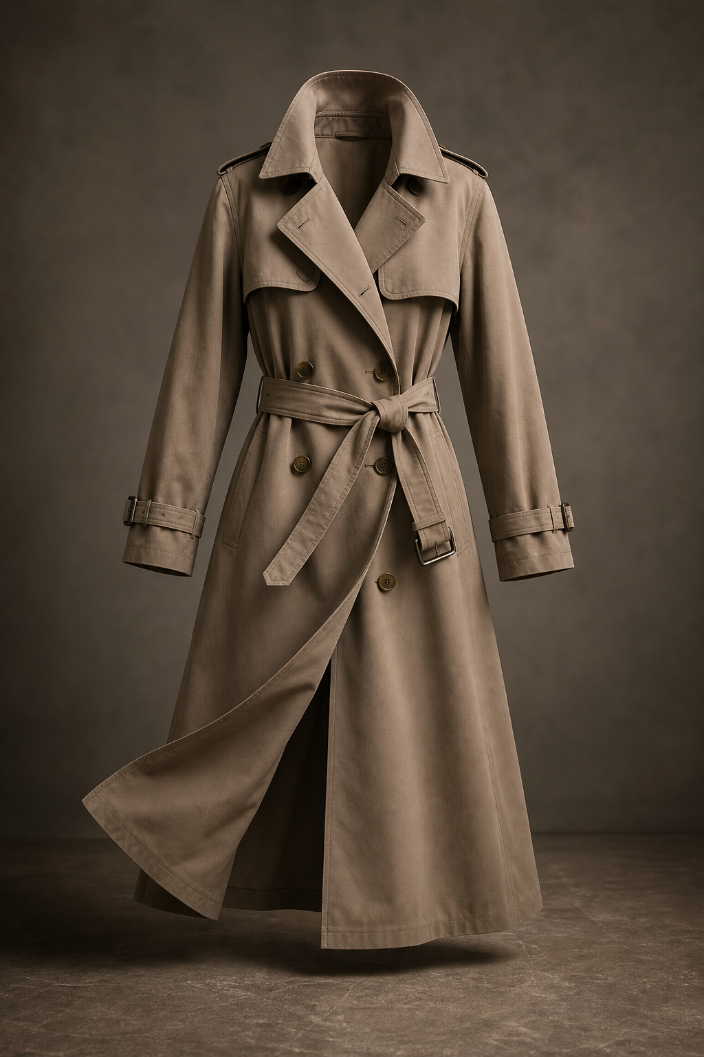 Taupe luxury trench coat on a studio plinth