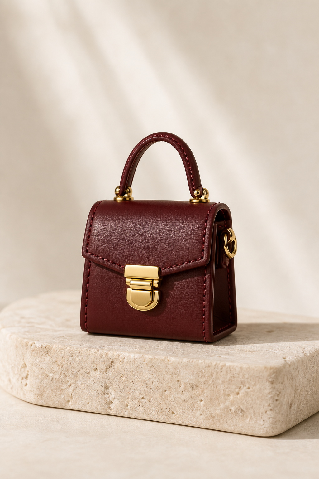Mini oxblood top-handle bag in polished calf leather with gold hardware
