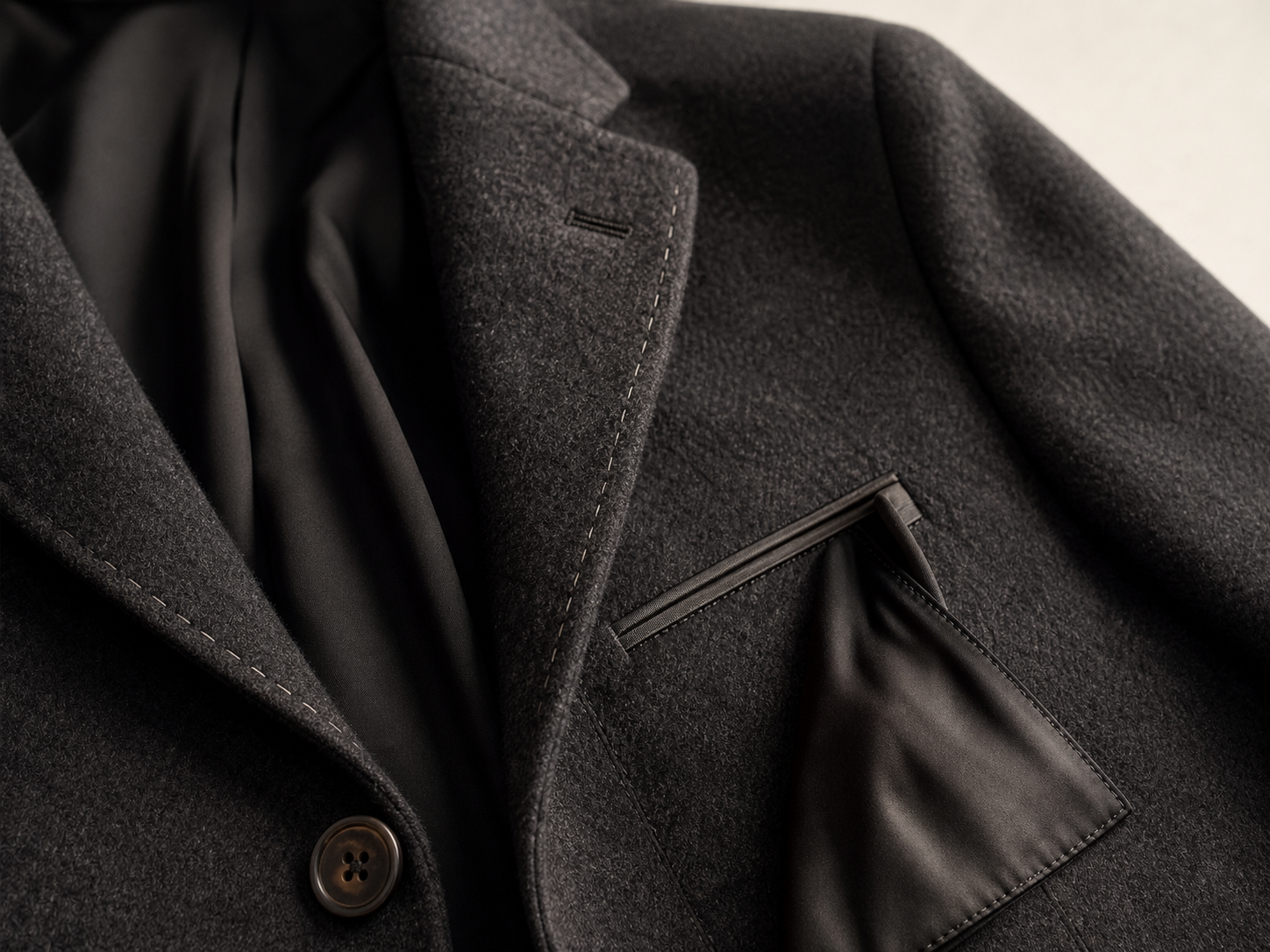 Close detail of charcoal merino wool blazer lapel, lining and pocket