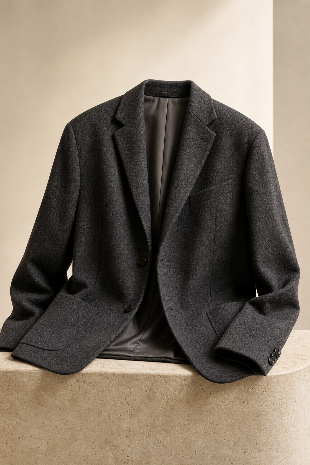 Charcoal softly tailored wool blazer in a studio