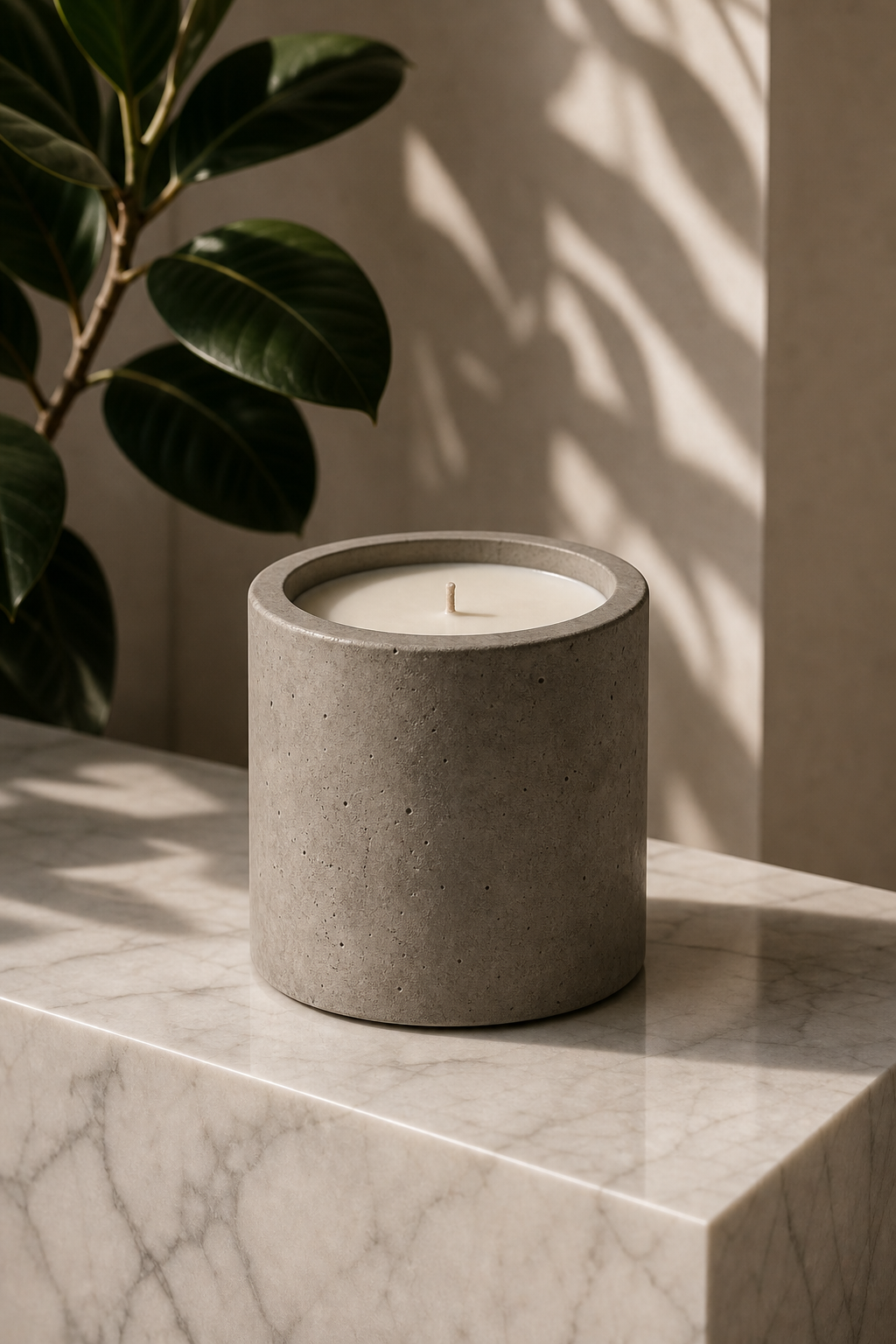 Minimalist concrete luxury candle on a marble plinth