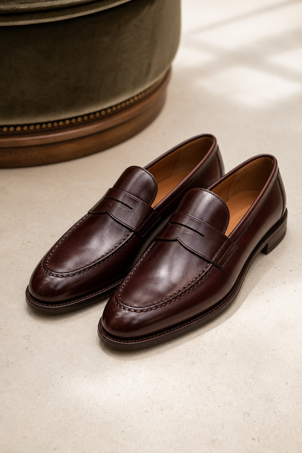 Burgundy leather loafers on an ivory studio surface