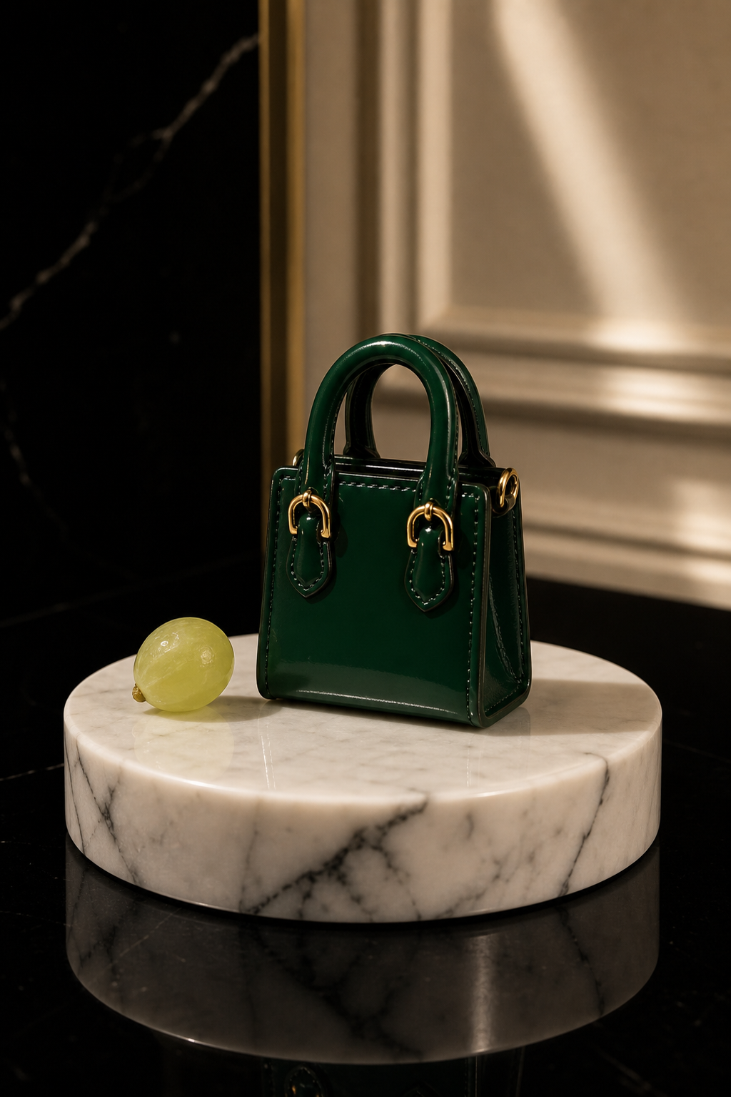 Emerald mini leather tote with rolled handles in a studio