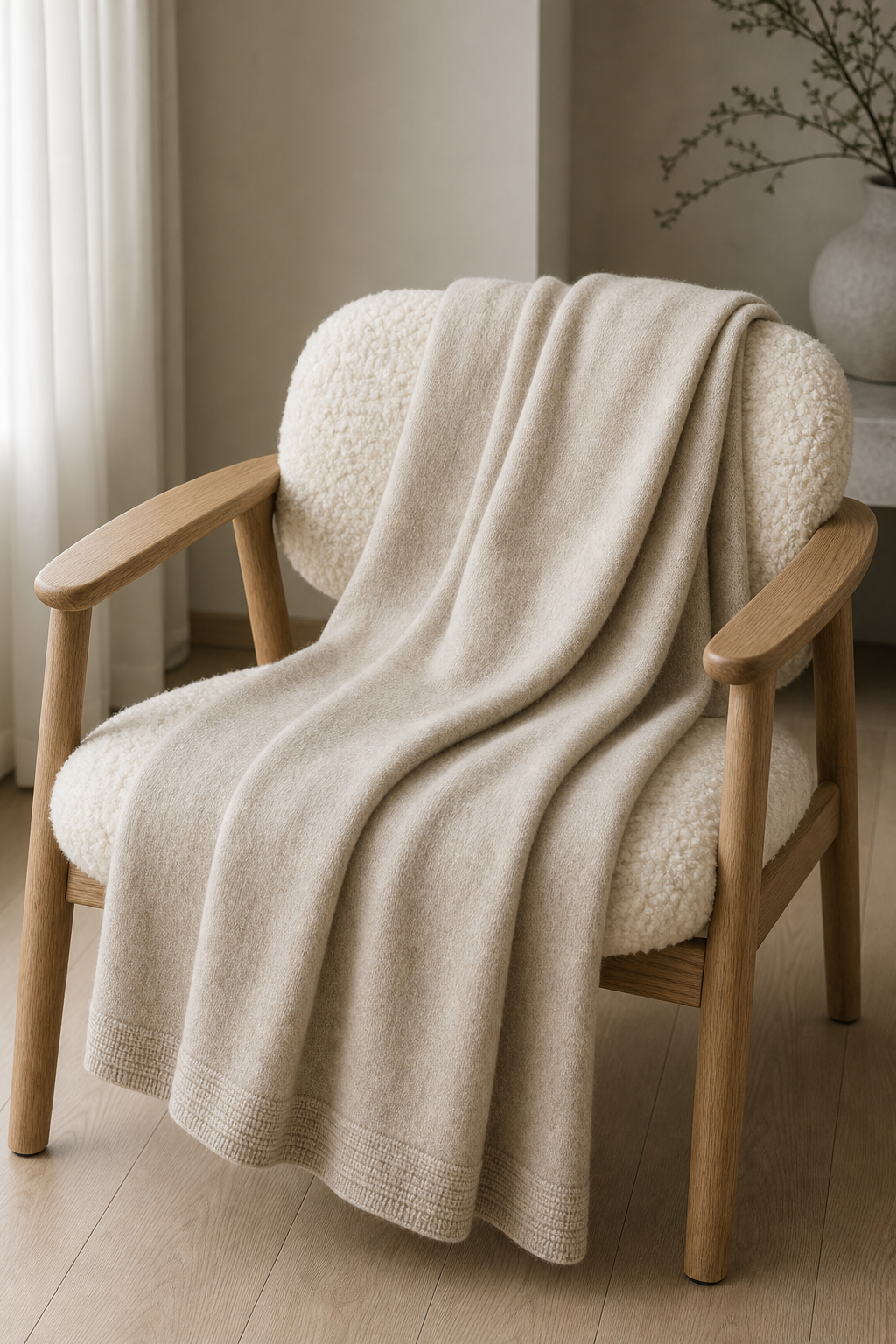 Oat cashmere throw draped over a sculptural chair