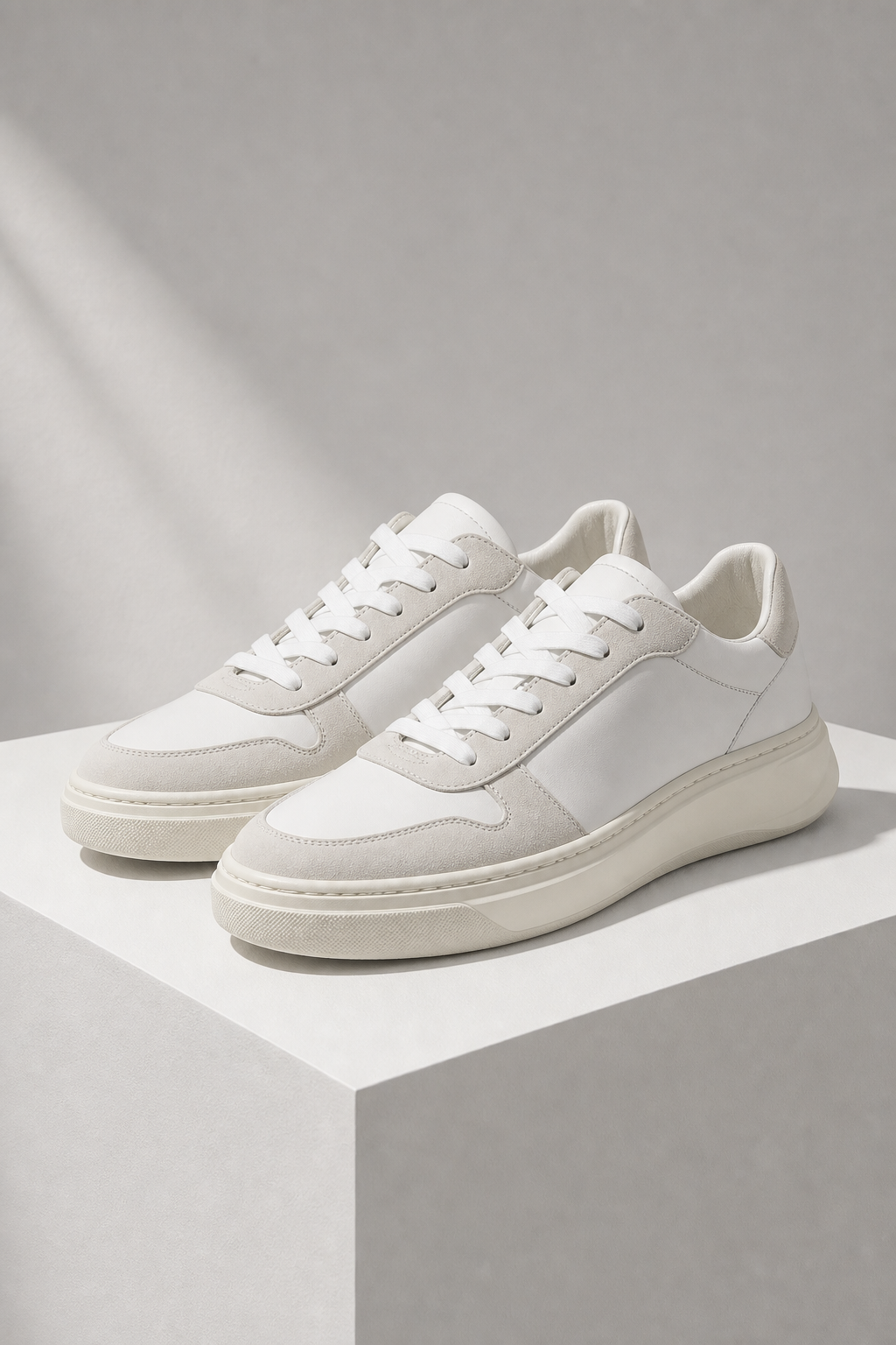 Clean white minimalist leather sneakers on a studio plinth