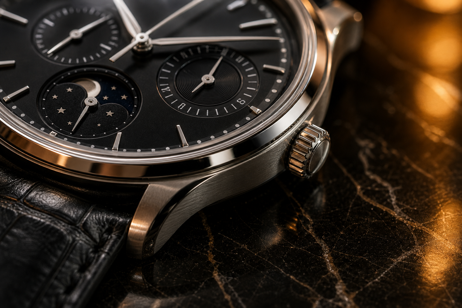 Close detail of black dial wristwatch case, crown and leather strap