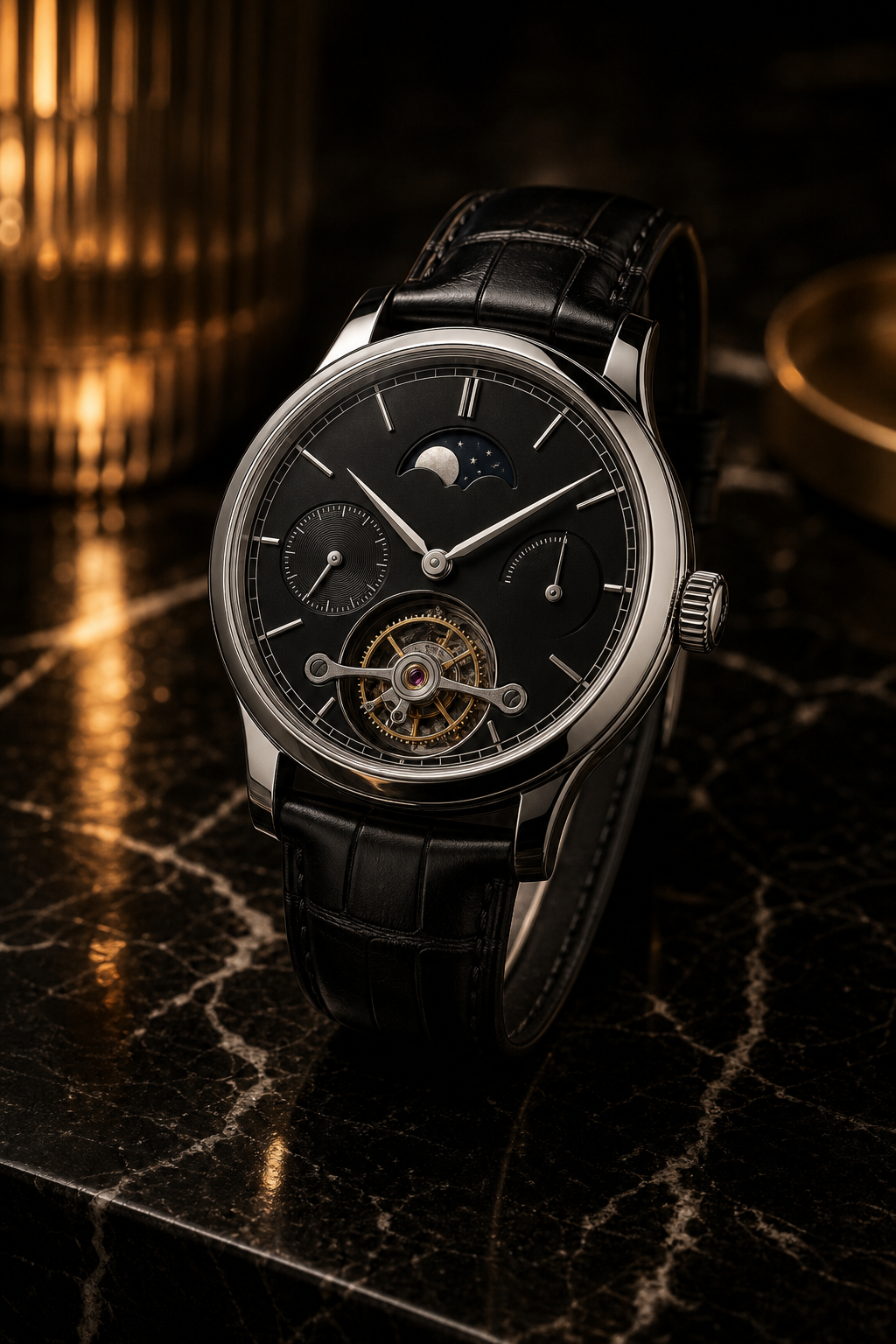Black dial luxury wristwatch on black marble