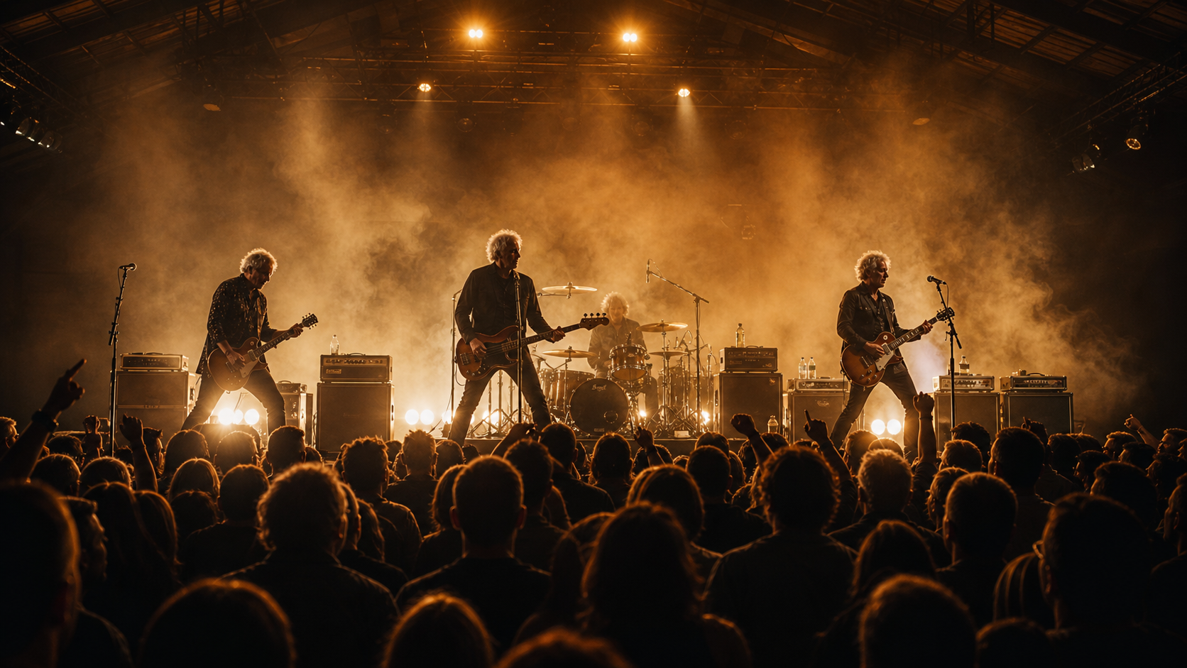 Warm amber classic rock arena stage for Ironwood Sons