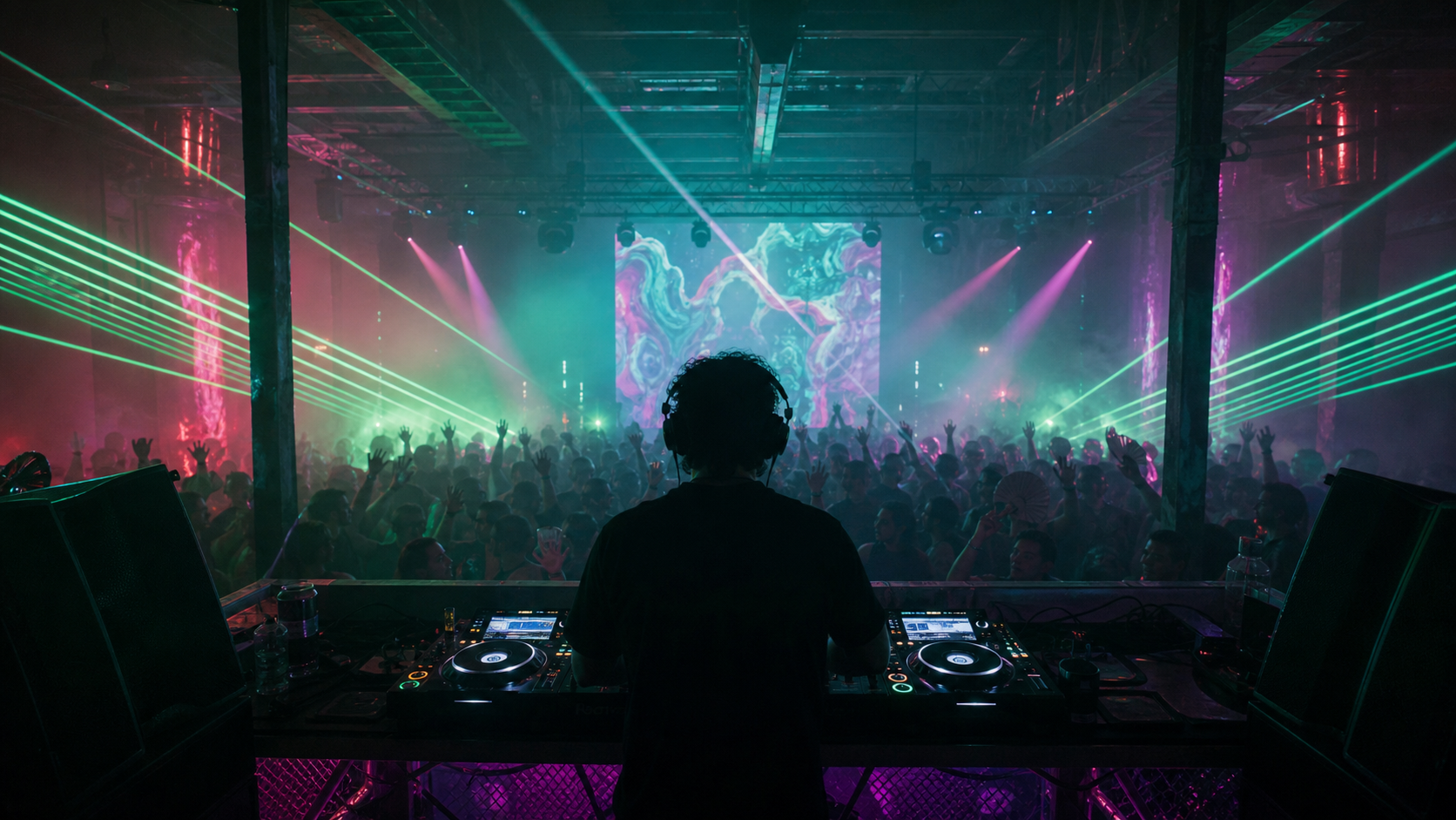 Teal and magenta warehouse rave crowd for Halcyon Drift