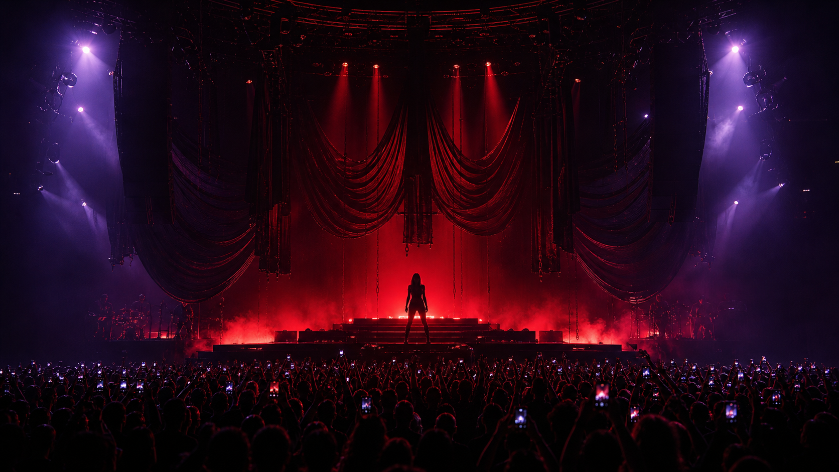 Moody red and violet arena concert stage for Mara Vey
