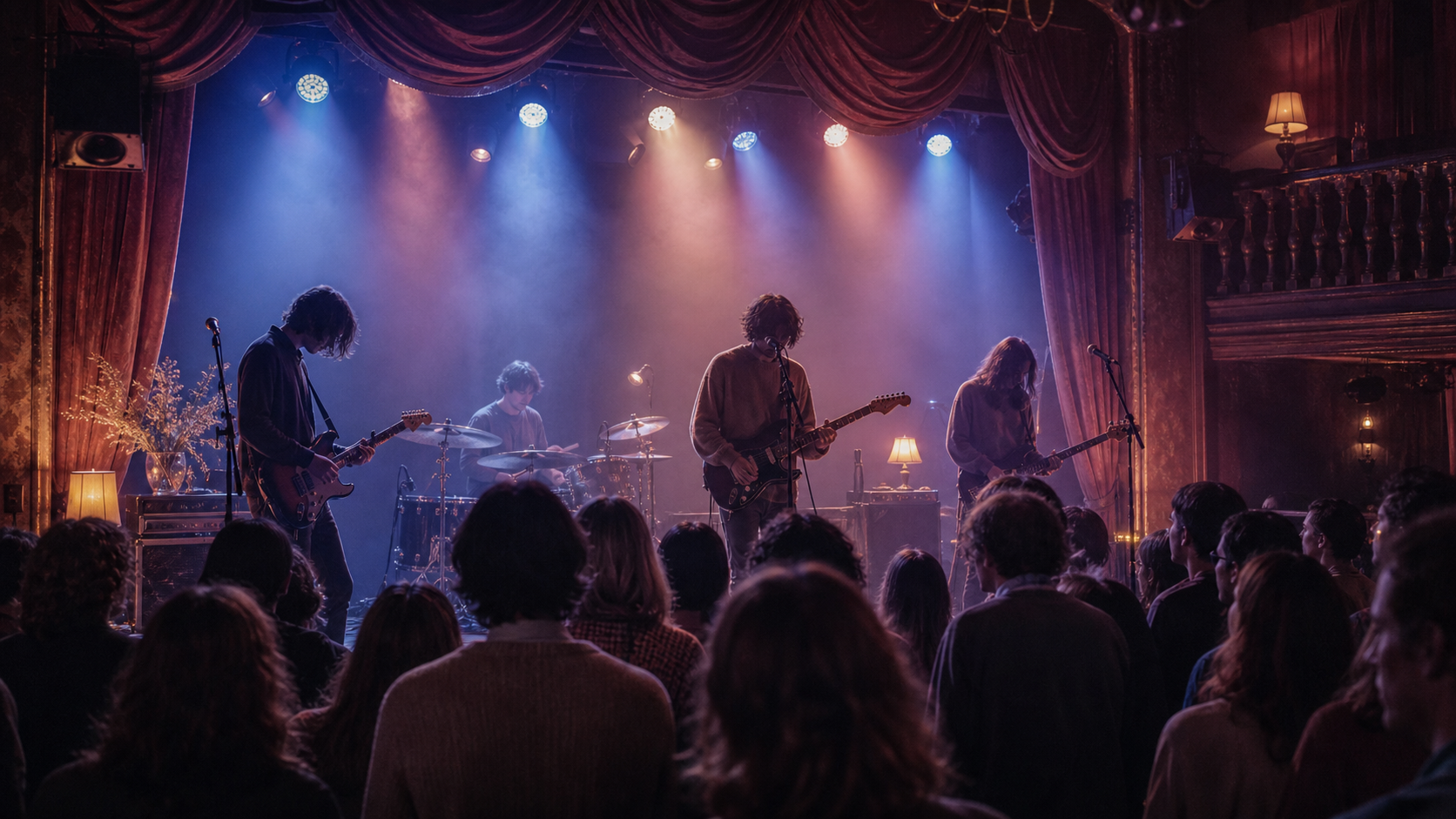 Intimate blue-lit indie music hall for Lowtide Choir