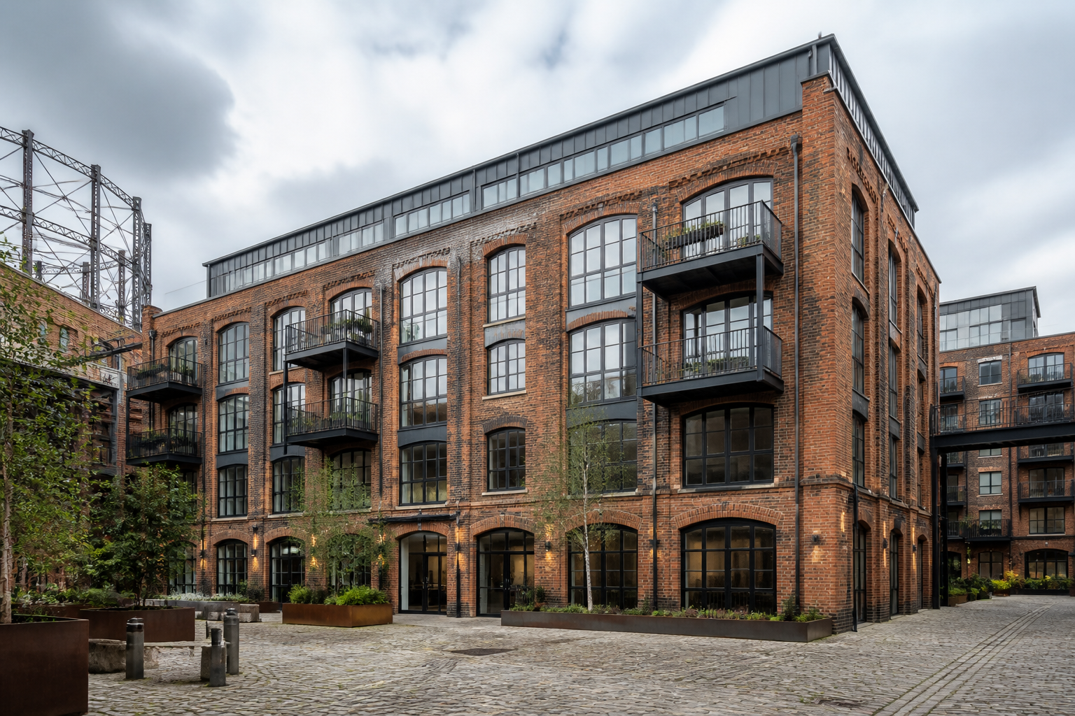 Converted red-brick warehouse apartment exterior