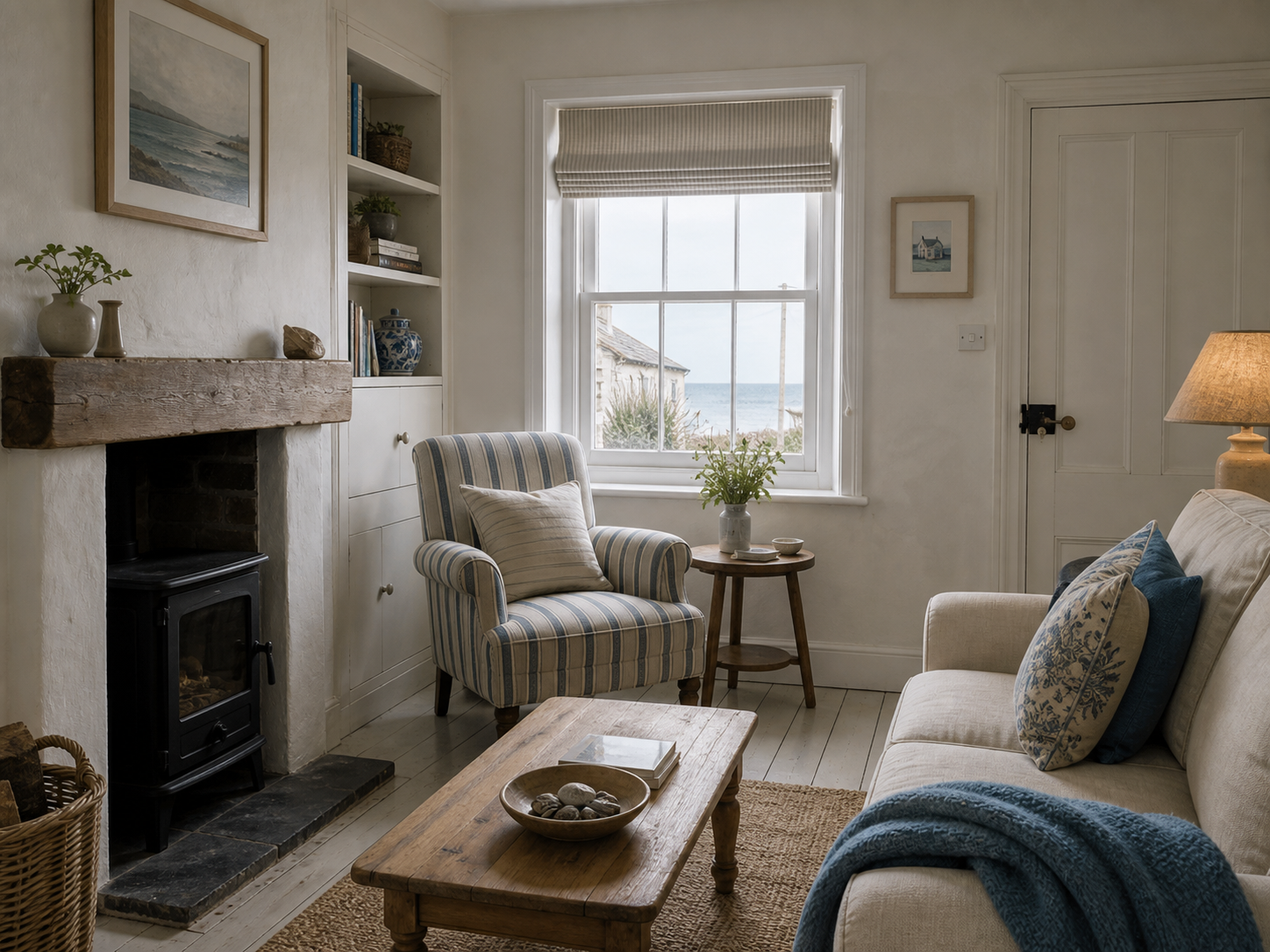Sitting room inside the terraced seaside cottage on Herring Lane