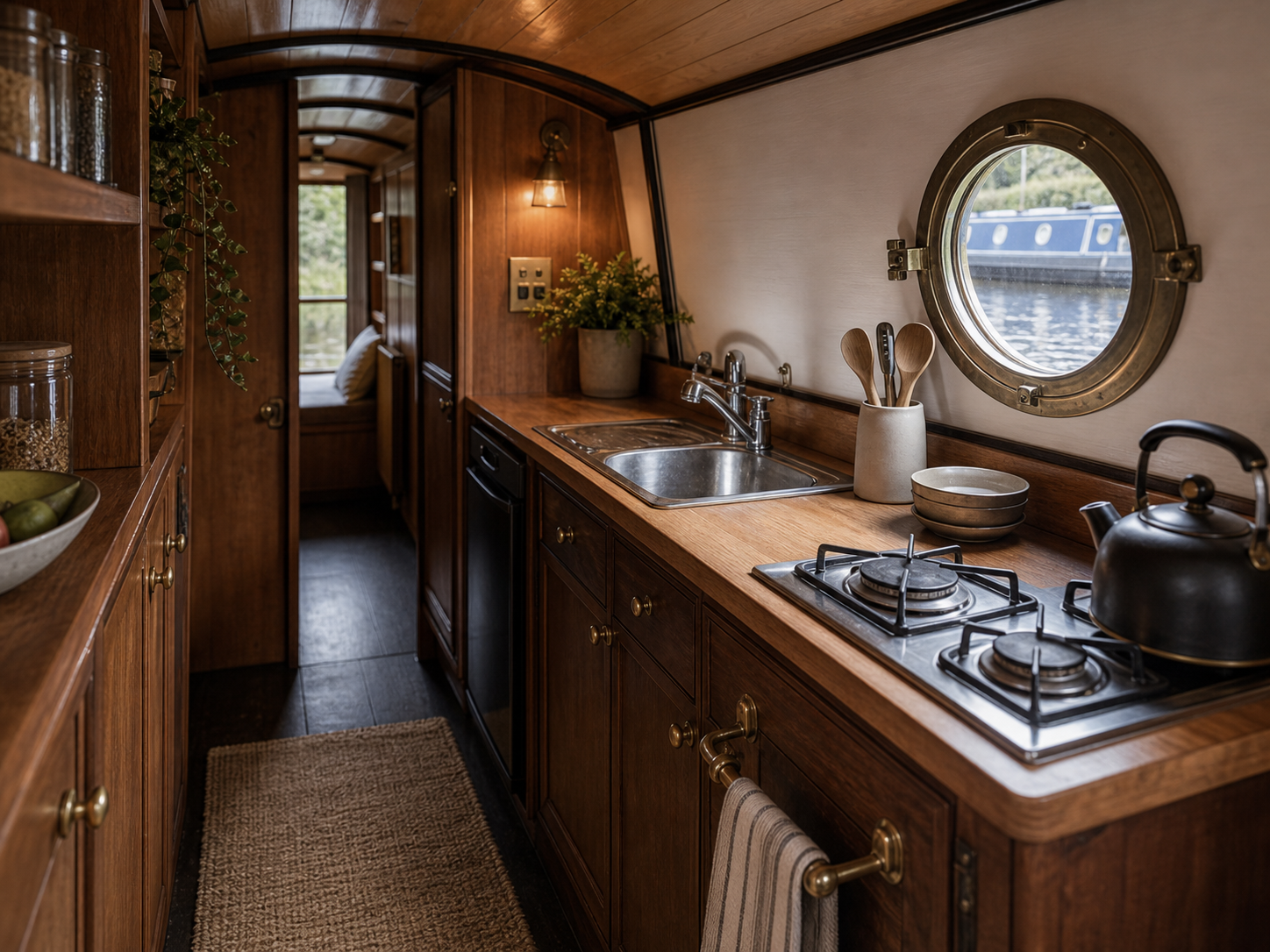 Galley kitchen inside the Kingfisher narrowboat